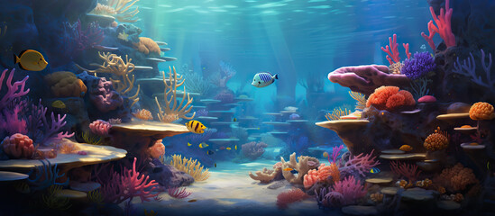 Wall Mural - Amazing under ocean landscape with lots of fishes. Sunrays from above