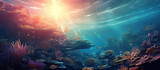 Fototapeta Do akwarium - Amazing under ocean landscape with lots of fishes. Sunrays from above.