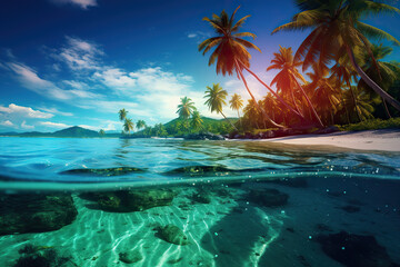 Poster - tropical beach with palm trees and turquoise water. amazing travel destination.