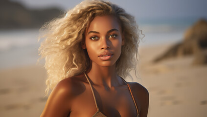 Wall Mural - a blonde african woman on a beach in the style of dark bronze and light amber. backlit photography