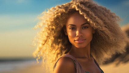 Wall Mural - a blonde african woman on a beach in the style of dark bronze and light amber. backlit photography