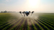 Advanced agricultural drones monitoring and spraying crops in a large farm.