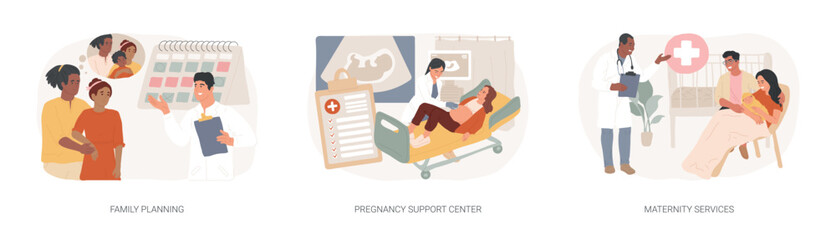 Wall Mural - Pregnancy and birth support isolated concept vector illustration set. Family planning, pregnancy support center, maternity services, women healthcare, perinatal care, contraception vector concept.