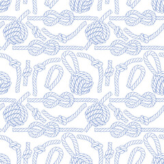 Wall Mural - Seamless pattern of knotted ropes cords monkey fist knot. Cords eight knots. Nautical thread whipcord with loops and noose. braided, folded, spiral fiber. Illustration hand drawn  graphic blue white