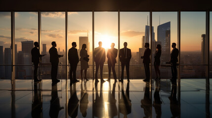 Wall Mural - Silhouetted professionals are standing by large windows overlooking a city skyline at sunset, reflecting on the glossy office floor.