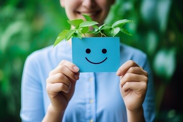 Woman holding blue happy smile face on paper cut, user giving good feedback rating, think positive , customer review, assessment, of mental health day, Compliment Day, satisfaction concept.