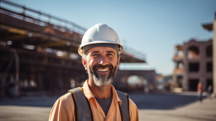 Wall Mural - Smiling construction worker, wearing a hard hat,and a reflective vest, stands confidently at a construction site.