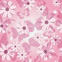 Wall Mural - Vector seamless gentle spring pink pattern with daisies and butterflies