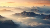 Fototapeta Krajobraz - Top view of mountains landscape at sunset with fog, sunset, God Rays, drone view