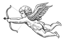 Flying Angel With Arrow And Bow. Vintage Monochrome Hand Drawn Vector Illustration