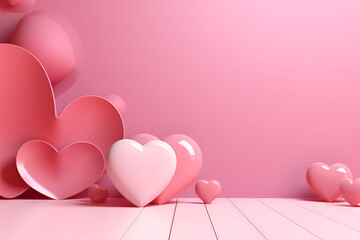 Pink podium background for product, Symbols of love for women's holiday, Valentine's Day, 3D rendering.