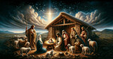 Fototapeta  - Oil painting representing the holy family. Nativity scene in Bethlehem. Christmas scene illustration showing holy family with Joseph Mary baby Jesus - shepherds and sheep. Comet Star