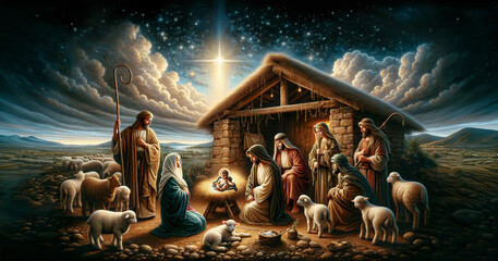 oil painting representing the holy family. nativity scene in bethlehem. christmas scene illustration