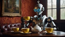  A Robot Sitting At A Table With A Cup Of Tea In Front Of It And A Teapot In The Foreground With A Painting On The Wall In The Background.