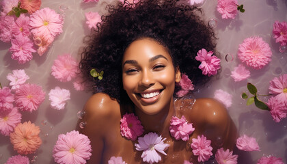 Portrait of a young, smiling woman lying in shallow water with floating flowers. Skin care beauty, skincare cosmetics. Spa concept.