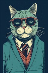 Sticker - A cat in a suit and tie wearing glasses, AI