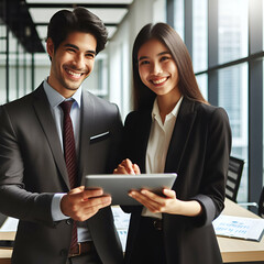 Wall Mural - Two happy professional business people team Asian woman and a man workers working using digital tablet tech discussing financial market data while standing at a corporate office meeting.