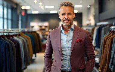 handsome 40yo man doing shopping visiting a clothing store