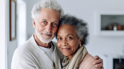 Poster - Smiles and hugs fill the home of a diverse senior couple.