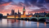 Fototapeta Big Ben - Modern Cityscape with Illuminated Clock Tower Reflecting in River