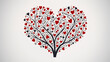 Heart shaped tree with black and red heart shaped leaves on a light grey background