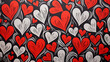 Red and Grey hearts fill the frame, on a black background,