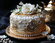 white chocolate cake with gold lines and flowers on a plate for celebration 