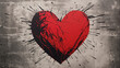 Red and black heart illustration on a grey background, raw grafitti style, black splatter pattern on wall
