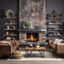Rustic Industrial Style Living Room With Stone Fireplace Decorated With Leather And Metal Materials