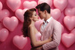 Young romantic couple hug against pink hearts on background. Valentines day holiday. Romantic date in studio
