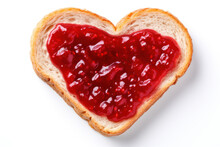 Heart Shaped Toast With Raspberry Jam On White Background. Top View. Valentines Day Food Concept