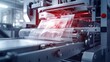 © lililia - an automatic industrial machine in action, packaging products and food on an automated packaging line with plastic film, conveying the efficiency and of machinery in the product packaging process.