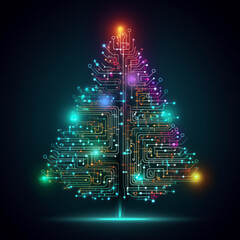 Wall Mural - christmas tree, resembling a neural network or electronic circuitry, with radiant lines and glowing 