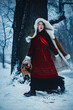 A mysterious young woman in a folklore red dress and a fur sheepskin coat with a basket of apples in her hands is walking through the winter forest. Slavic fairy tale and fantasy.