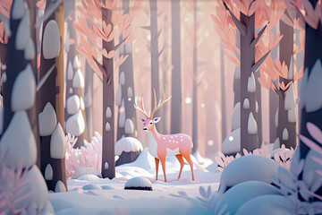 Sticker - A deer stands among trees in a snowy forest in winter