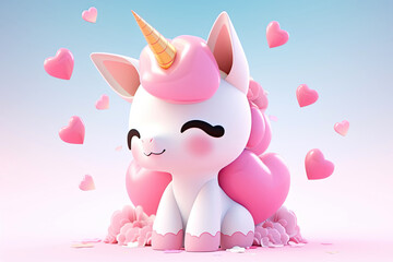 Fantasy cute 3d unicorn with big pink heart. Happy Valentines Day illustration greeting card