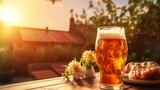 Fototapeta Sport - glass of beer and food bbq on exterior with sun, copy space, 16:9