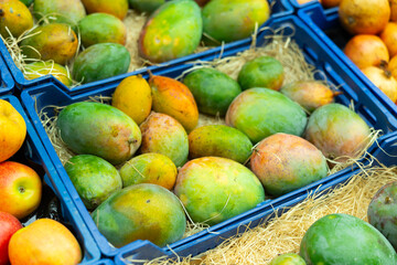 Wall Mural - Bunch of sweet mangoes lie on counter in vegetable store