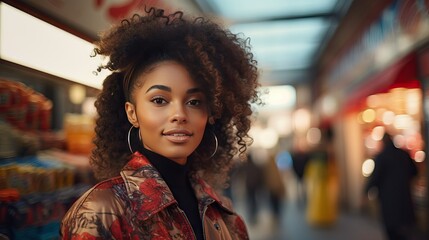 Canvas Print - young black woman at a grocery store with a shopping cart 