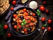Top view of Pasta alla Norma, served in a rustic bowl, surrounded by ingredients like fresh tomatoes and eggplant, on a white wooden table for a fresh feel