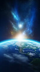 Wall Mural - earth sunrise from space. stunning view of the blue planet and rising sun