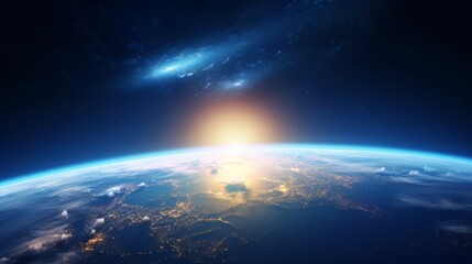 Wall Mural - earth sunrise from space. stunning view of the blue planet and rising sun
