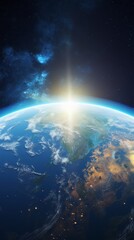 Wall Mural - earth sunrise from space. stunning view of the blue planet and rising sun