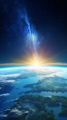 Wall Mural - earth sunrise from space. stunning view of the blue planet and rising sun