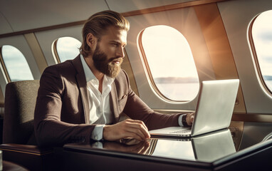 Wall Mural - Handsome businessman sits at his desk in his luxury superjet and looks at a laptop