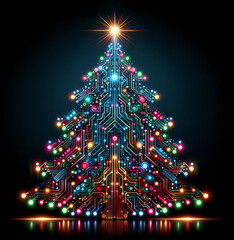 a vibrant circuit board in the shape of a christmas tree with colorful nodes and pathways and bright