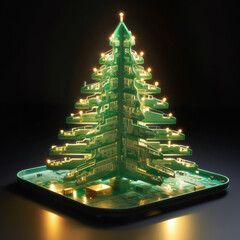 Wall Mural - christmas tree made of circuitry and microchips with glowing lights, a modern tech twist on festive 