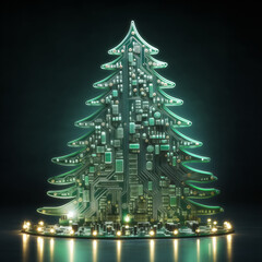 Wall Mural - tech christmas concept, christmas tree made of electronic circuitry glowing with led lights, against