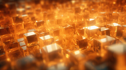 Abstract 3D gold crystal background with glass cubes and captivating light reflections.