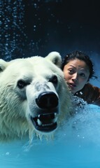 Sticker - A woman is swimming with a polar bear. Generative AI.